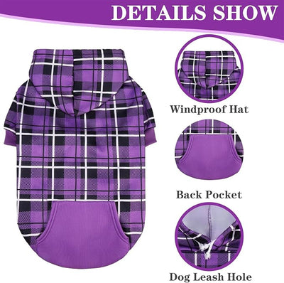 EXPAWLORER Plaid Dog Hoodie - British Style Warm Dog Sweater Shirt with Leash Hole,Pitbull Clothes Outfits,Winter Coat Apparel for All Breeds Puppy Girl Boy-Cat Apparel,Purple Medium