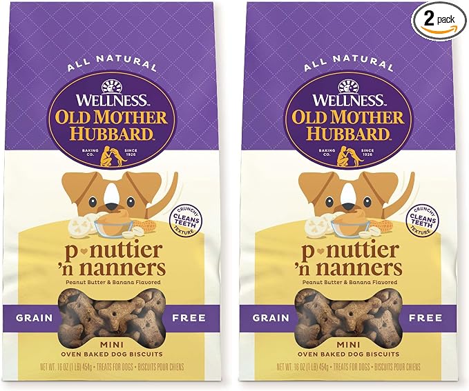 Old Mother Hubbard Wellness P-Nuttier 'N Nanners Dog Biscuits, Natural, Training Treats, Peanut Butter & Banana Flavor, Mini Size, (1 Pound Bag) (Pack of 2)
