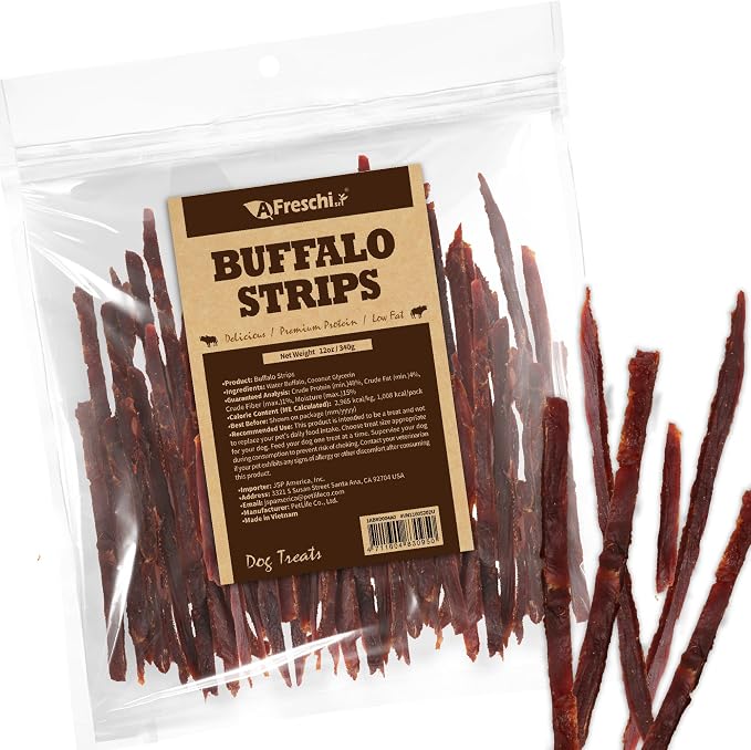 AFreschi Buffalo Dog Treats, All-Natural, High Protein, Low Fat, Human Grade Puppy Chews – Healthy Grain-Free Training Treats, 12oz Jerky Strips