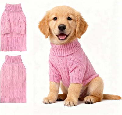 Small Dog Thermal Pullover Sweater, Classic Turtleneck Cable Knitwear Dog Clothes for Cold Weather Warm Pet Clothes for Chihuahua, Bulldog, Dachshund, Pug Pink XX-Large