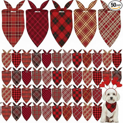Weewooday 50 Pcs Valentine's Day Red Plaid Dog Bandanas Bulk for Dogs Soft Bibs Adjustable Triangle Bandana for Small Medium Large Pet Costume(25.6 x 17.7 x 17.7 Inch)