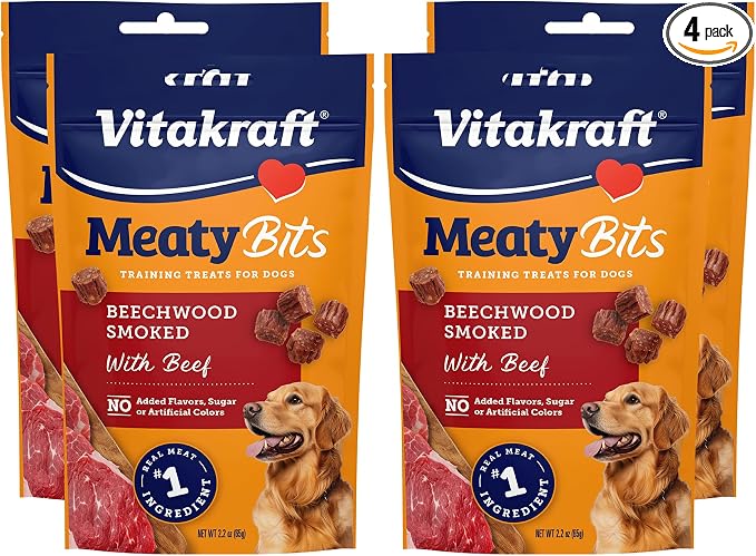 Vitakraft MeatyBits Beef, Training Treats for Dogs, Naturally Smoked, Real Meat #1 Ingredient, No Added Sugar, No Artificial Flavors or Colors, Soft Dog Treats, Bag, 2.2 oz, 4 Count