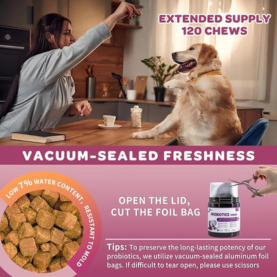 NATURE TARGET Probiotics for Dogs & Digestive Enzymes for Digestive Health - Plus Fish Oil & Vitamins Supplement for Allergies & Immune & Itchy Skin, 120 Chicken Flavor Probiotic Soft Chews