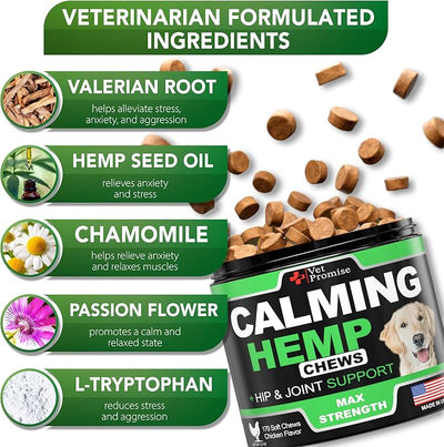 Vet Promise Hemp Calming Chews for Dogs Anxiety - Advanced Dog Calming Chews - 170 Treats - Dog Anxiety Relief with Hemp Oil - Hip and Joint Supplement Health Support for Dogs - Made in USA