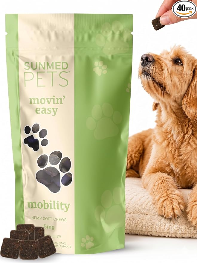 Sunmed Movin' Easy Hemp Pet Chews for Joint Health & Mobility – Omega-3, Green Lipped Mussels, 5mg Hemp Extract – Supports Flexibility & Comfort | Beef Liver & Sweet Potato, 40 Count
