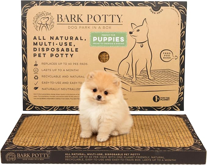 Puppy Bark Potty | Indoor Potty for Puppies & Dogs | Plant-Based Fiber Dog Potty Tray | Stays Dry & Pest-Free | Disposable Litter Box for Dogs | Standard 24x16