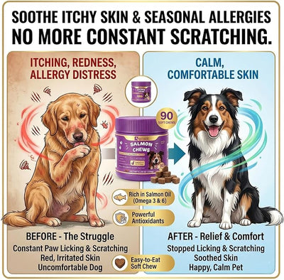 Salmon Oil Chews for Dogs - Omega 3 & 6 Skin and Coat Support with Astaxanthin, Vitamin C & E - 90 Soft Chews - Relief for Itchy Skin, Seasonal Allergies & Shedding - for All Breeds & Ages