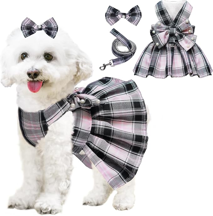 Dog Dress Bowknot Harness Leash Set for Small Dogs Girl Cute Plaid Dog Dress Pearls Bow Tie Spring Summer Princess Clothes Birthday Holiday Doggie Outfits for Puppy Cats Girl Apparel (Black, X-Large)