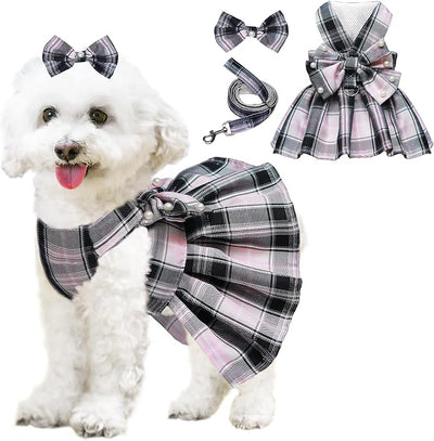 Dog Dress Bowknot Harness Leash Set for Small Dogs Girl Cute Plaid Dog Dress Pearls Bow Tie Spring Summer Princess Clothes Birthday Holiday Doggie Outfits for Puppy Cats Girl Apparel (Black, X-Large)