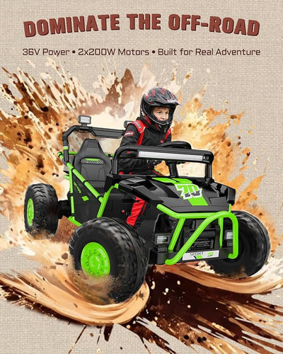 First Ride On 36V Kids Ride On UTV, 2-Seater 400W Electric Car for Kids 6+, 5-8 MPH Speed, 14" EVA Wheels, Metal Frame, Bluetooth Music, Rear Metal Suspension Off-Road Vehicle (Green)