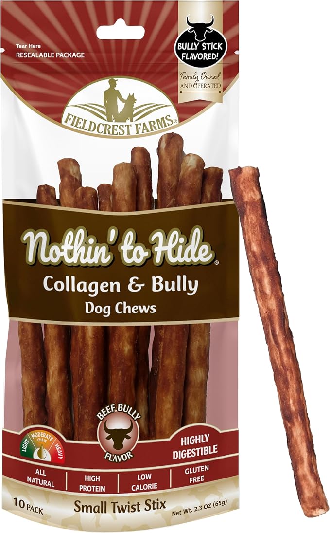 Fieldcrest Farms Nothin' to Hide Twist Stix, Beef Bully Flavor, Easily Digestible, Supports Skin, Coat, Joints & Muscles, for Moderate Chewers Under 15lbs, 10 Pack