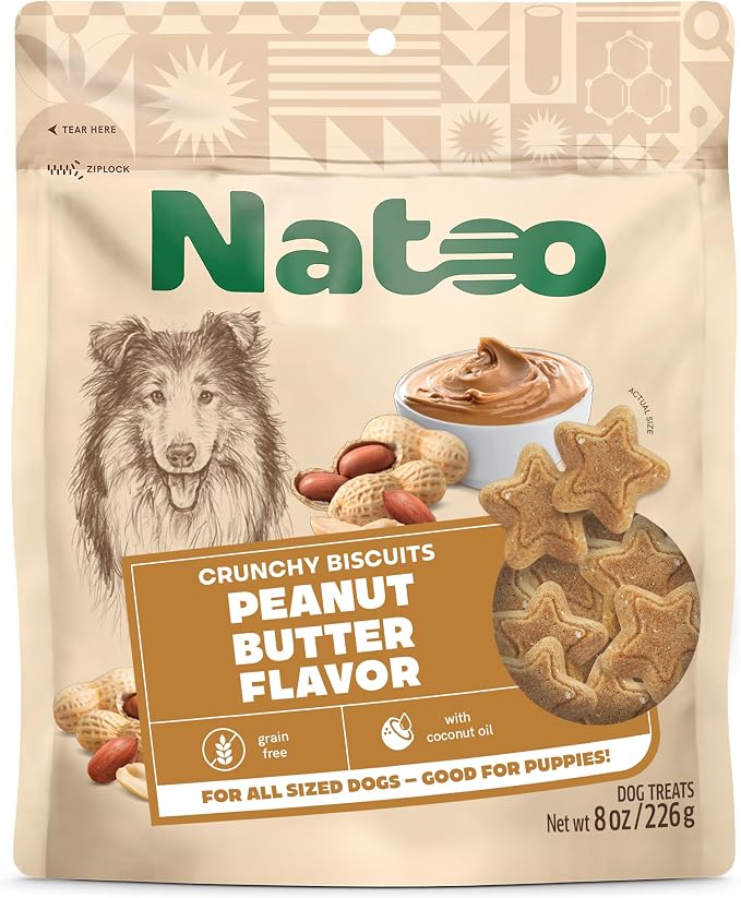 NATOO Natural Dog Biscuits for Small Dogs, Grain-Free Peanut Butter | Collagen, Prebiotics, Fiber & Omega 6, Supports Digestion, Skin, Coat, Joints & Immunity, Allergy-Friendly, 8 oz