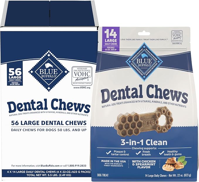 Blue Buffalo Large Dental Chews Bundle, Natural Dog Treats Enhanced with Vitamins, Minerals, and Other Nutrients, Four 22 oz. Bags
