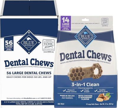 Blue Buffalo Large Dental Chews Bundle, Natural Dog Treats Enhanced with Vitamins, Minerals, and Other Nutrients, Four 22 oz. Bags