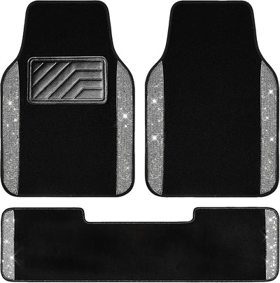 CAR PASS Bling Diamond Car Mats Shining Carpet Crystal Rhinestones Sparkly Glitter Floor Mats with Anti-Slip PVC Heel Pad Universal for Automotive SUV, Sedan, Van, 3pcs for Girl Women, Black Silver
