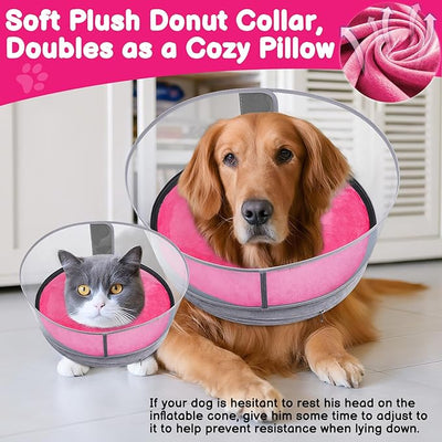 BARKLESS Dog Donut Collar, 2-in-1 Inflatable Dog Collars for After Surgery to Stop Licking Wounds, Patented Protective Donut Cone with High Shield for Large Pets (Hot Pink, XL-Long)