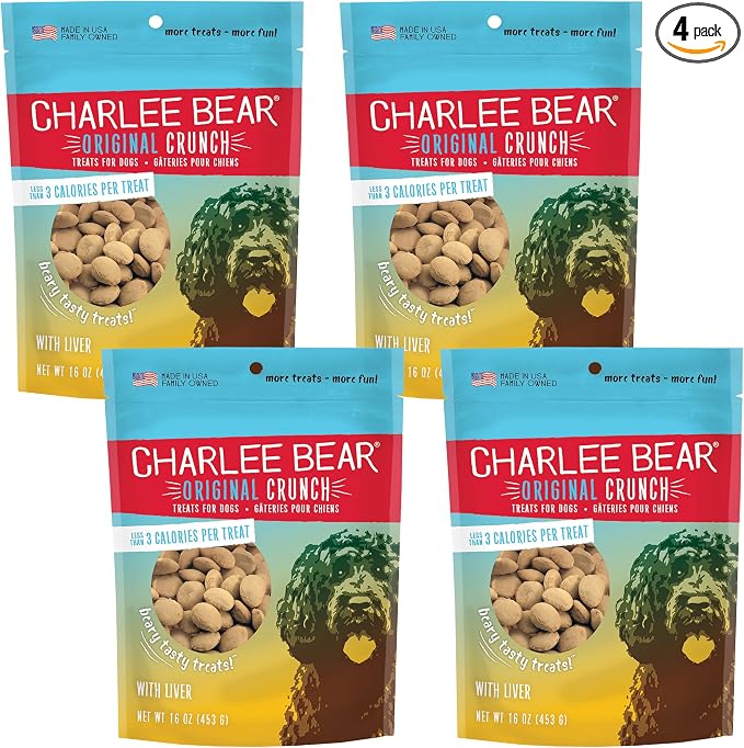 Charlee Bear Original Crunch Dog Training Treats, Liver Flavor, 3 Calories Each, Low Calorie Natural Rewards for Puppies to Adult Dogs, Made in USA, 16 oz (4-Pack)