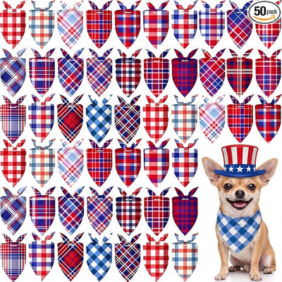 Abbylike 50 Pcs 4th of July Plaid Dog Bandanas Bulk Red White Blue Gingham Bandana for Dogs Triangle Kerchief Bib Scarf for Pet Independence Day 250th Anniversary Patriotic Party Costume, 25 Styles