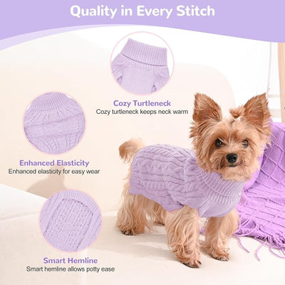 Dog Sweater 2 Pack for Small Dogs, Size XS, Pink & Purple | Stretchy cable knit turtleneck, machine washable, high belly cut, comfy winter fit for Chihuahua, Yorkie