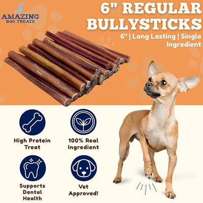 Amazing Dog Treats - 6 Inch Medium Size Bully Sticks (40 Count) - Bulk Bully Sticks for Dogs - No Hide Bully Stick Dog Bones