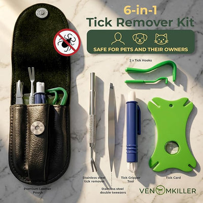 VENOMKILLER 6-in-1 Tick Remover Kit – Tick Removal Tool Set with Stainless Steel Tick Tweezers, Tick Card, Hooks & Leather Case – Tick Remover for Dogs, Cats & Humans
