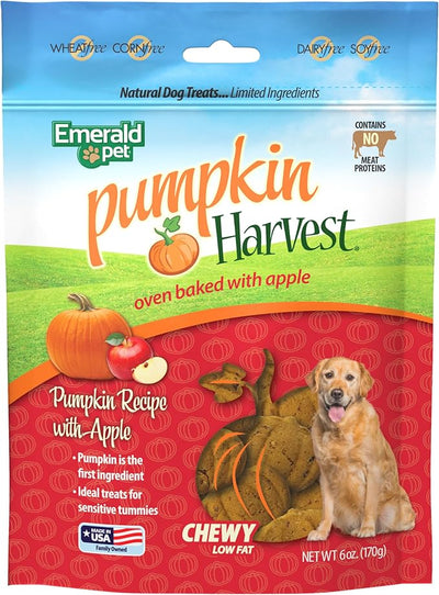 Emerald Pet Pumpkin Harvest Dog Treats, Apple Flavor, 6 oz – Soft Chewy Low-Fat Natural Dog Treats with Real Pumpkin for Digestive Health – Meat-Free, Wheat-Free, Made in USA
