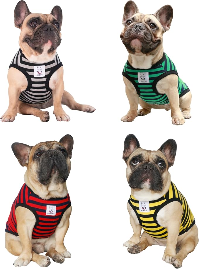 iChoue 4pcs French Bulldog Striped Shirts 100% Breathable Cotton Tank Tops Vests Clothes for Frenchie Dogs, Black Green Red Yellow, Medium