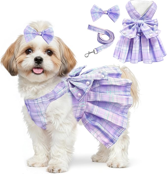 Dog Dress Bowknot Harness Leash Set for Small Dogs Girl Cute Plaid Dog Dress Pearls Bow Tie Spring Summer Princess Clothes Birthday Holiday Doggie Outfits for Puppy Cats Girl (Purple, Medium)