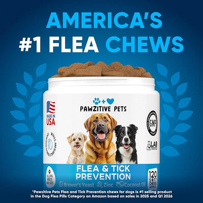 Chewable Flea and Tick Prevention for Dogs - 120 Soft Chews Made in USA - Oral Flea and Tick Control Pills for Small, Medium, Large Dogs and Puppies - Skin and Coat Supplement Treats for All Breeds