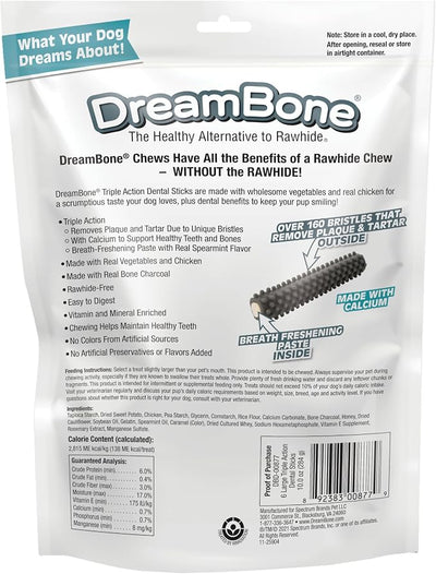 DreamBone Triple Action Dental Sticks Charcoal, 6 Count, Rawhide-Free Chews for Large and XL Sized Dogs Freshens Breath