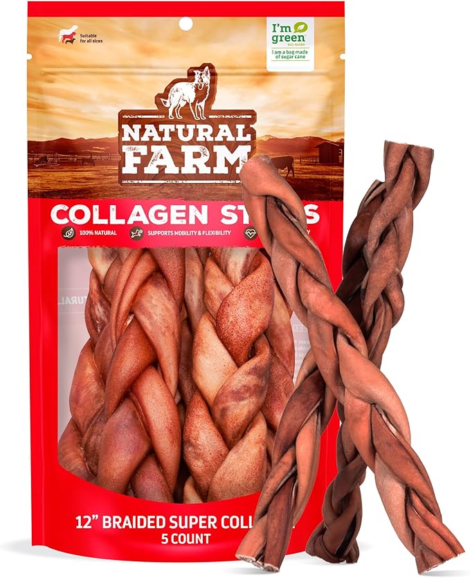 Natural Farm Odor-Free Super Braided Collagen Dog Chews (12-Inch, 5-Pack) First Ever Real Bull Sticks Alternative: 100% Natural Angus Hide Collagen Treats - More Protein, More Chew Time for All Dogs