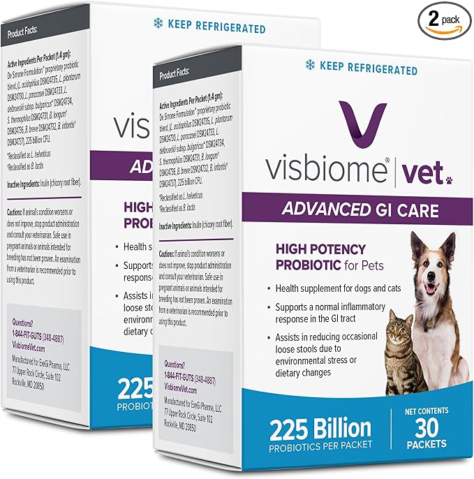 Visbiome® Vet Advanced GI Care High Potency Probiotic for Dogs & Cats – 225B CFU, 8-Strain Formula – Refrigerated, Veterinarian Recommended, Clean Label Certified – 60 Packets
