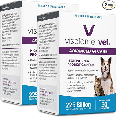 Visbiome® Vet Advanced GI Care High Potency Probiotic for Dogs & Cats – 225B CFU, 8-Strain Formula – Refrigerated, Veterinarian Recommended, Clean Label Certified – 60 Packets