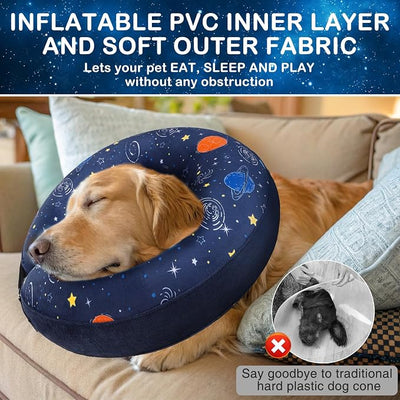 SCENEREAL Dog Cone Alternative After Surgery Donut Collar, Soft Pet Recovery Pillow Collar for Medium Large Dogs, Inflatable Adjustable Neck Collars to Prevent Licking, Planet Print E-Collars M