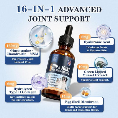 16-In-1 Glucosamine for Dogs & Cats Liquid Hip & Joint Supplement Type II Collagen Drops with Chondroitin+MSM+Hyaluronic Acid for Pain Relief Helps Mobility All Breeds Made in US Chicken Flavor 120ml