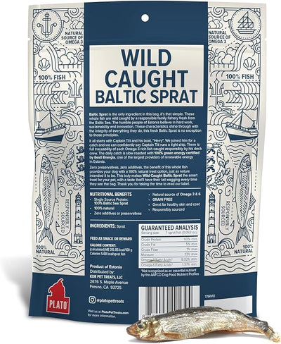 PLATO Pet Treats Fish Dog Treats - Air-Dried, Single Ingredient Pet Treat - Omega 3 & 6 Fatty Acids to Support Skin and Coat - 100% Whole Fish - Wild Caught Baltic Sprat - 7.5 oz - 2 Pack