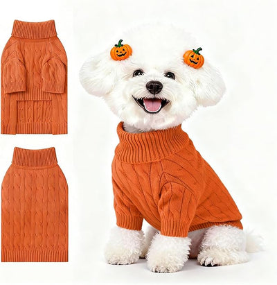 Small Dog Thermal Pullover Sweater, Classic Turtleneck Cable Knitwear Dog Clothes for Cold Weather Warm Pet Clothes for Chihuahua, Bulldog, Dachshund, Pug Orange Medium