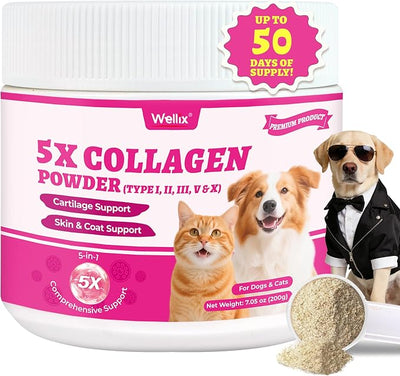 Wellix 7.05oz Natural Collagen Powder for Cats & Dogs - Healthy Skin,Coat,Hip and Joint Supplement for Cat - with MSM,Vitamin C,E,Hyaluronic Acid for Pet Support - Chicken Flavor