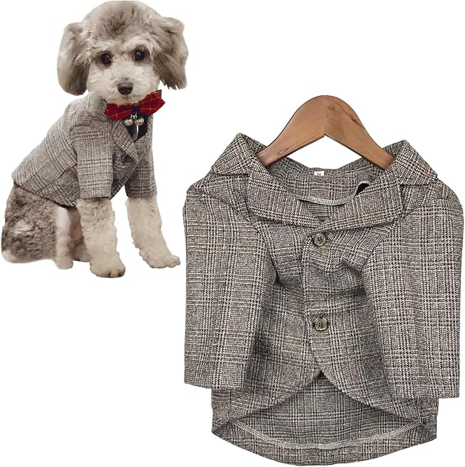 Dog Clothes Pet Plaid Suit Dog Tuxedo Costumes, Formal Gentleman Apparel Vest, Wedding Party Birthday Wear French Bulldog Pug Teddy Terrier (S, Brown Coat)