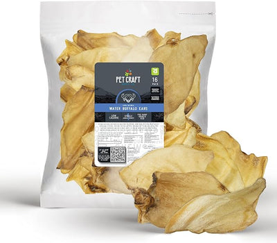 Pet Craft Supply 16 Pack Grass Fed Water Buffalo Ear, All Natural, Single Ingredient, Pig Ears for Dogs Alternative Long Lasting Dog Chew Treat for Aggressive Chewers, Small to Large Dogs