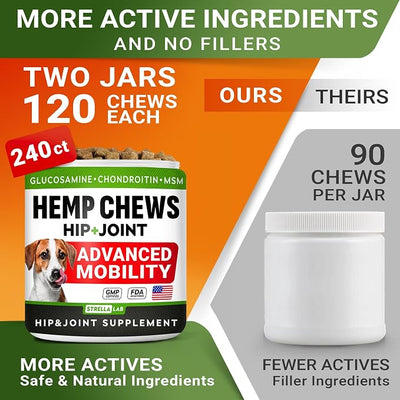 Large Breed Hemp + Glucosamine Dog Joint Supplement - Hemp Chews for Dogs Hip Joint Pain Relief - Omega 3, Chondroitin, MSM - Advanced Mobility Hemp Oil Treats for Large Dogs - Made in USA - 240 Ct
