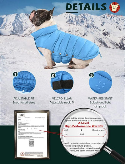 SPACE LION Dog Puffer Jacket, Down Winter Coat, Durable Outdoor Coat for Cold and Windy Conditions, Lightweight & Adjustable Fit Coats for Small Dogs, (Alaskan Blue, Size 10 Gift Box)