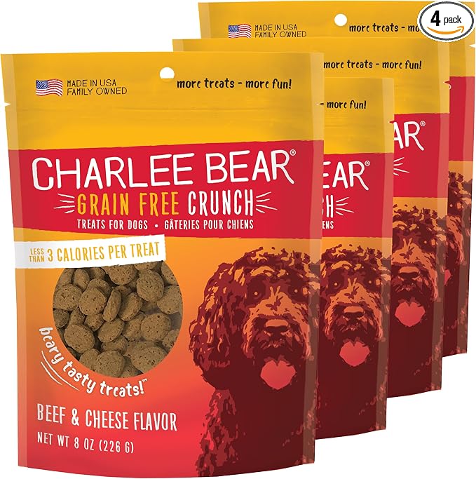 Charlee Bear Crunchy Dog Training Treats, Low Calorie (3 Kcal), Grain Free Natural Mini Dog Treats for Puppies, Small, Medium & Large Dogs, USA Made, Healthy Beef & Cheese Flavor 8oz (4-Pack)
