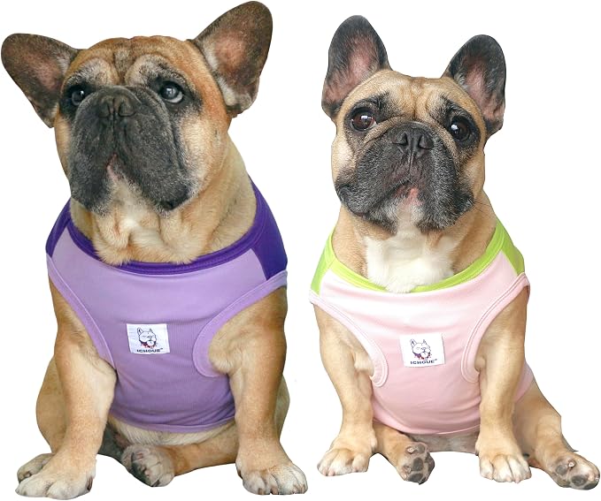 iChoue 2pcs French Bulldog Summer Cooling Shirt for Dogs UV Sun Protection Vest Sleeveless Breathable Tank Top English Pug Pink Green Purple - Medium