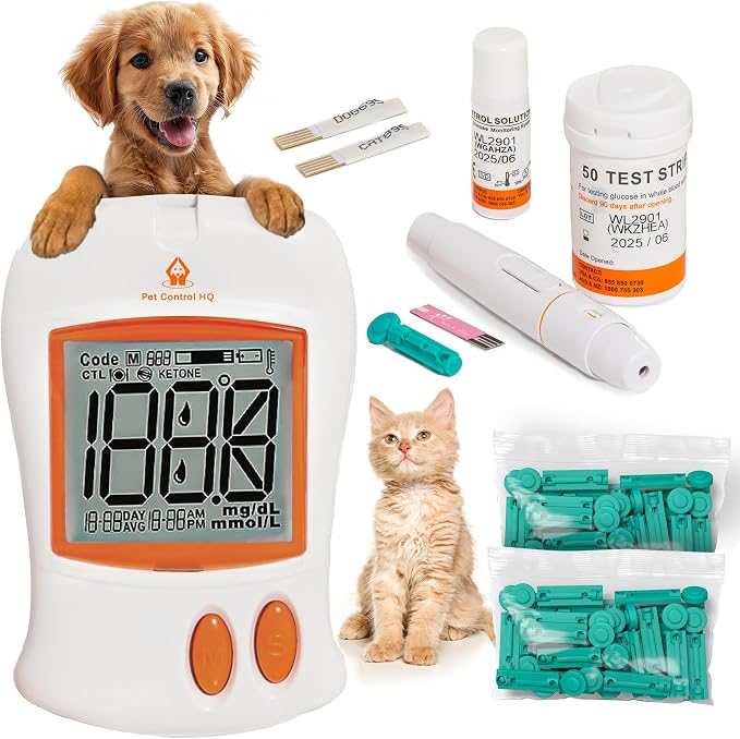 Pet Blood Sugar Glucose Monitoring Kit for Dogs and Cats - Pet Glucose Diabetic Monitor System - Accurate Diabetes Testing 2 Code-Chips for Dog/Cat, Lancets - Monitor + 50 Test Strips