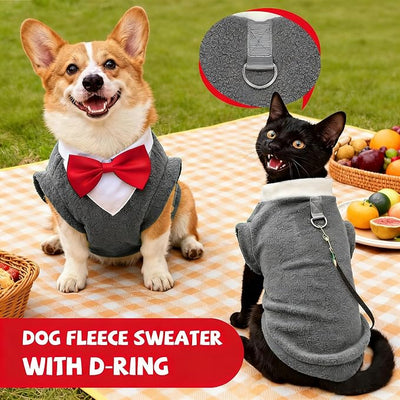 Cute Dog Fleece Sweater with D-Ring, Fall Winter Dog Clothes Tuxedo Costume with Bowtie, Soft Puppy Sweatshirt Golden Retriever Apparel Doberman Outfits for Small Medium Large Dogs(Grey,8XL)