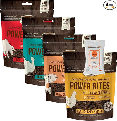 (4 Pack) Power Bites Grain Free Dog Treats [Chicken, Beef, Turducken, Salmon] 6-oz Each with AuroraPet Wipes