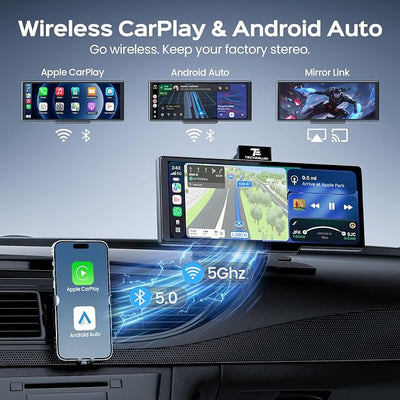 TECXERLLON 10.26" Portable Apple CarPlay Screen for Car with 4K Dash Cam and 1080P Backup Camera, Wireless Car Play & Android Auto, OTA, GPS Navigation, Voice Control, Mirror Link