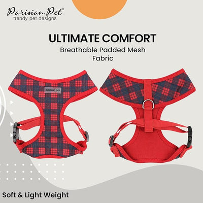 Parisian Pet Red Plaid Dog Harness - Breathable No Pull Puppy Harness with Leash Ring - Adjustable Harnesses for Dogs - Soft Padded Step-in Pet Vest - Lightweight Dog Vests for Small Sized Dogs