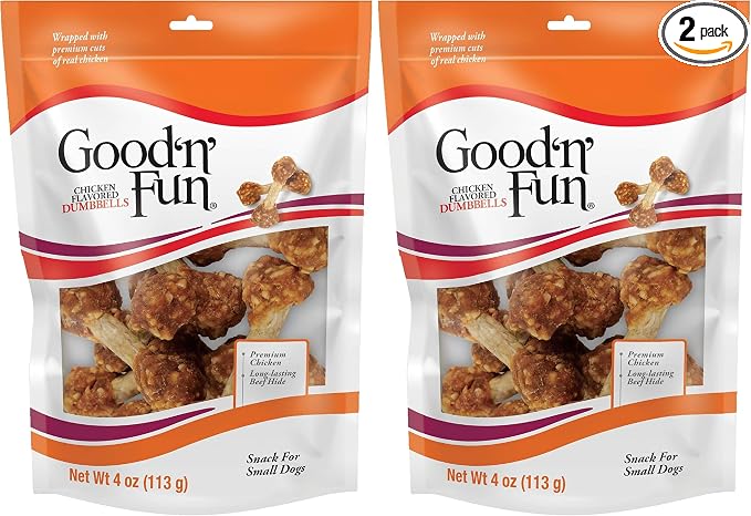 Good 'n' Fun Chicken Flavored Dumbbells 4 Ounces, Rawhide Snacks for Small Dogs (Pack of 2)